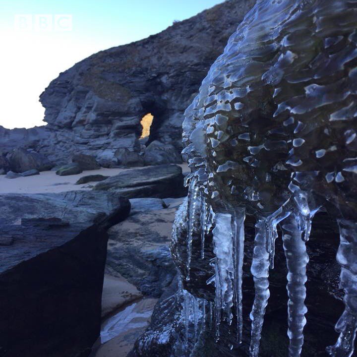 BBCSpotlight's tweet photo. Icicles at Watergate Bay in Cornwall ❄️❄️❄️ credit: David Stansfield https://t.co/CEZptq98VQ