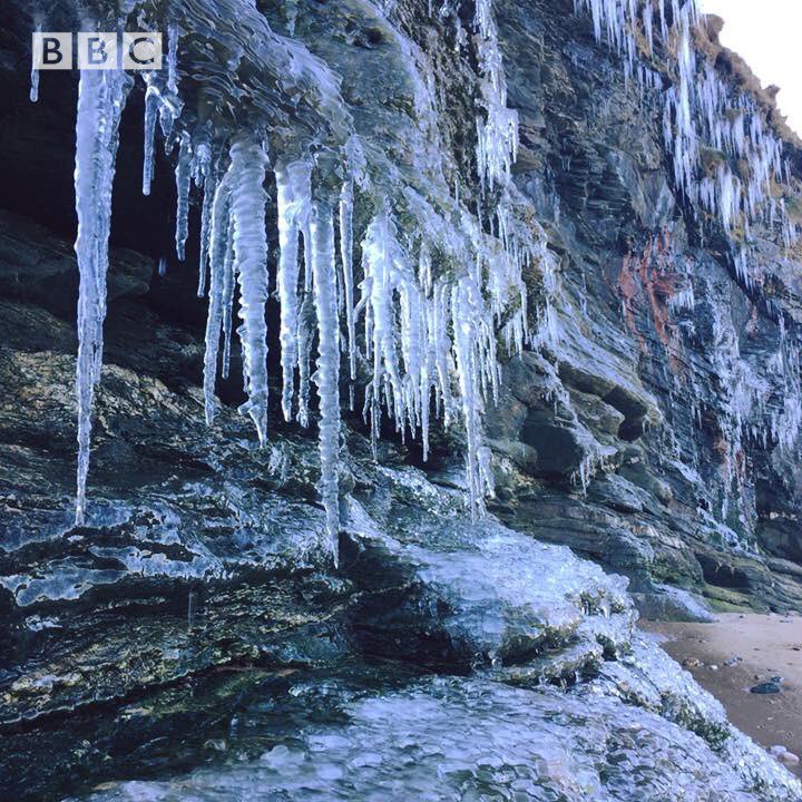 BBCSpotlight's tweet photo. Icicles at Watergate Bay in Cornwall ❄️❄️❄️ credit: David Stansfield https://t.co/CEZptq98VQ
