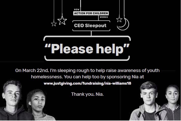 NWP_Creative's tweet photo. NWP Creative is proud to take part in CEO Sleepout again to support Action for Children. Please help by sponsoring Nia who will be sleeping outside, in what looks to be a very cold night https://t.co/YeH6xhAlqd #nwpcreative #ceosleepout #actionforchildren #homelesschildren #cold https://t.co/UoGv9UGLlx
