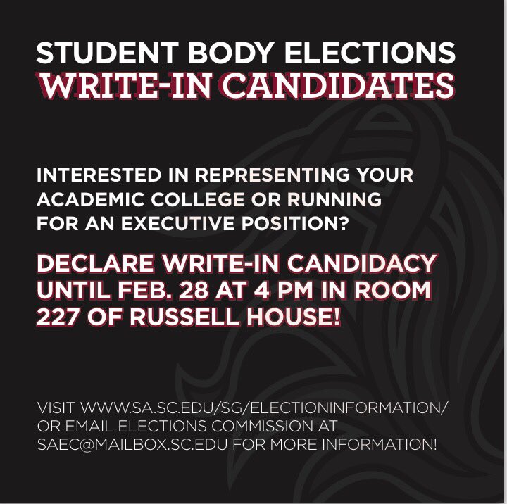 Elections start today! Still interested in representing your academic college in Senate or running for an executive position? You can declare write-in candidacy until Feb. 28 at 4:00pm! Elections end February 28th at 5:00pm, so make sure to "Spur The Vote"!