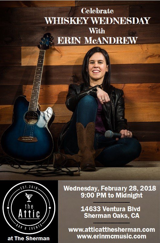 iamErinMcAndrew's tweet photo. Come one out LA friends! Playing at @theshermanla tomorrow from 9pm-Midnight for Whiskey Wednesday! It's going to be a great time 😁🥃#thesherman #shermanoaks #lagigs https://t.co/rrte676wZG