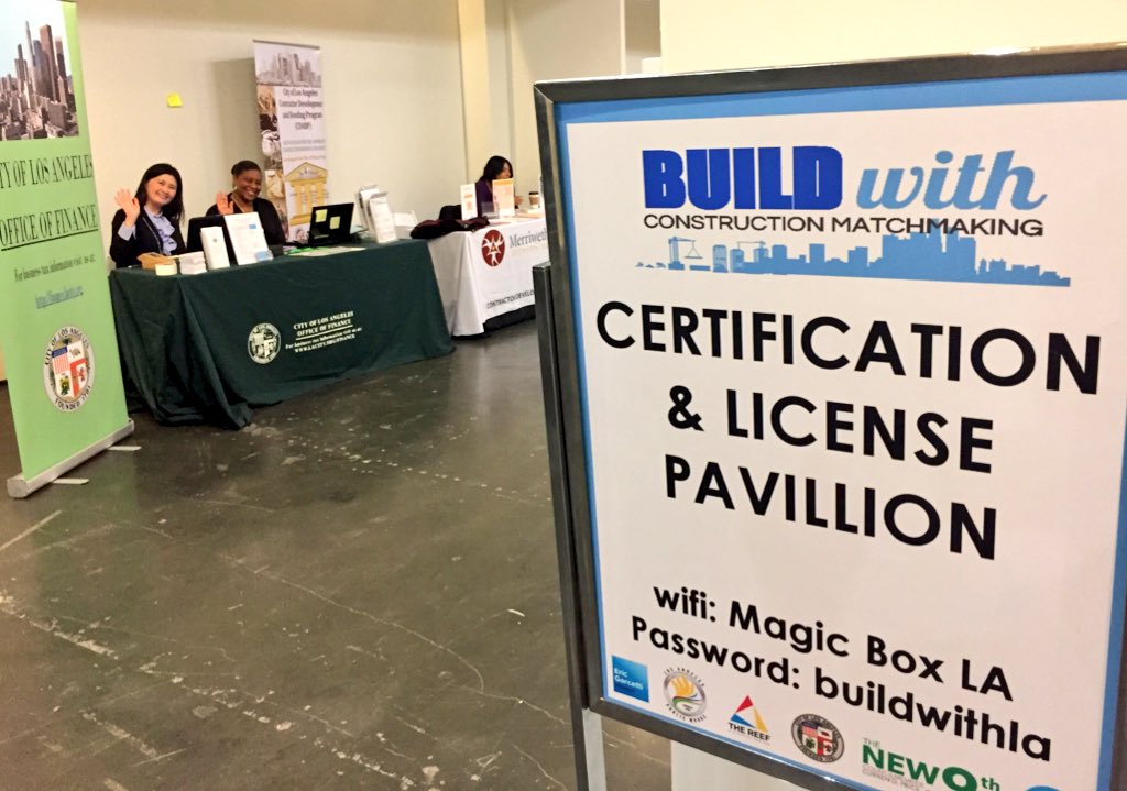 CityofLAFinance's tweet photo. If you are at #BuildWithLA you have no excuse not to get certified &amp; registered as a business w the city. Professionals from various city entities are available to guide you through the processes. #construction #smallbusiness https://t.co/2pTtWDXRMd