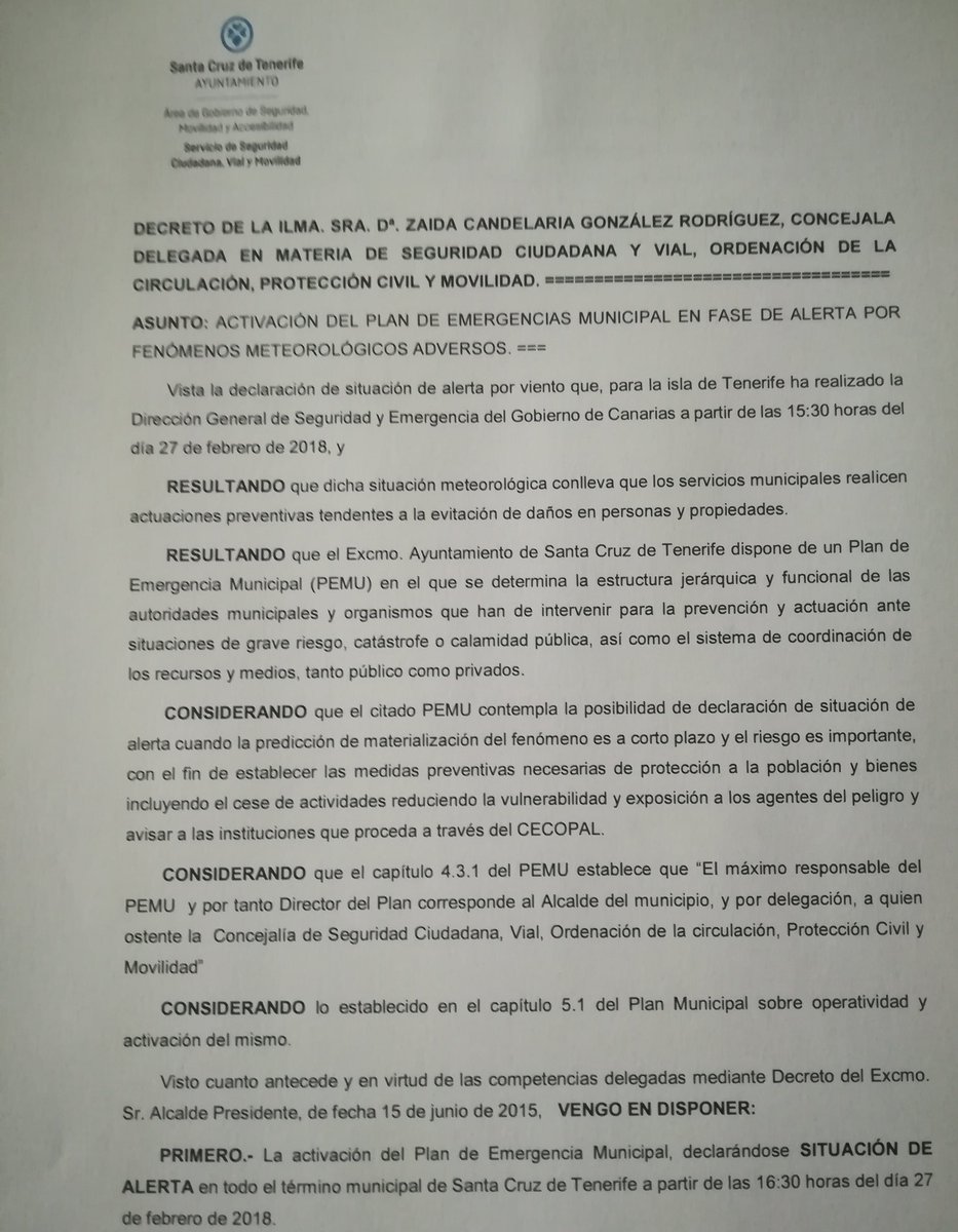 CECOPALSC's tweet image. Santa Cruz activa el Plan de Emergencias Municipal #PEMU y suspende todas las actividades extraescolares, deportivas, culturales y de ocio previstas para esta tarde ante #AlertaViento #FMACanarias