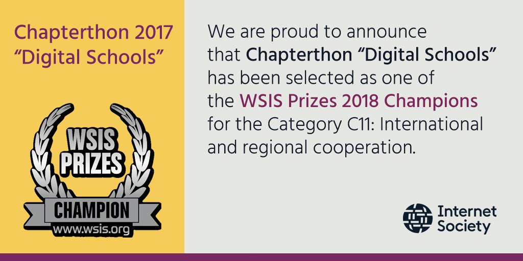 ISOCBNet's tweet photo. #Chapterthon2017 has been selected as Champion of #WSISPrizes2018 for its crucial role in "International & Regional Cooperation". Congratulations on this remarkable achievement! Find it in WSIS/Category 18 https://t.co/2645yzzLPi https://t.co/ErKQvZKMrt