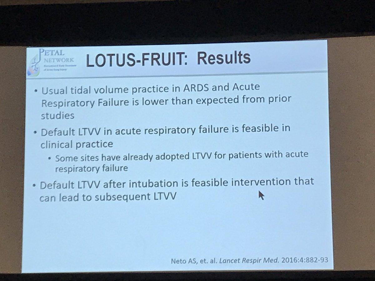 DrDaleNeedham's tweet photo. More from @MichelleNgGong at #CCC47 session on #PETALnet regarding LOTUS FRUIT study. Tidal volume changed little over first 3 days  Based on their prelim data in the PETAL sites, intervention could not be studied at these sites (need N>90,000!) @NHLBI_LUNGDir https://t.co/FM4Rhi9uUR