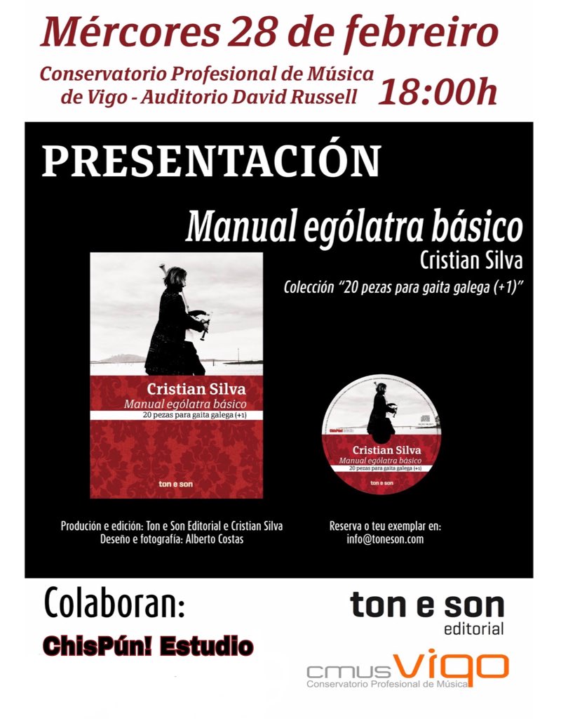 Presentación do “Manual ególatra básico” de Cristian Silva no Conservatorio Profesional de Música de Vigo, mércores 28 ás 18h.
#cmusprofesionalvigo #vigo #tonesoneditorial #cristiansilva #chispunestudio