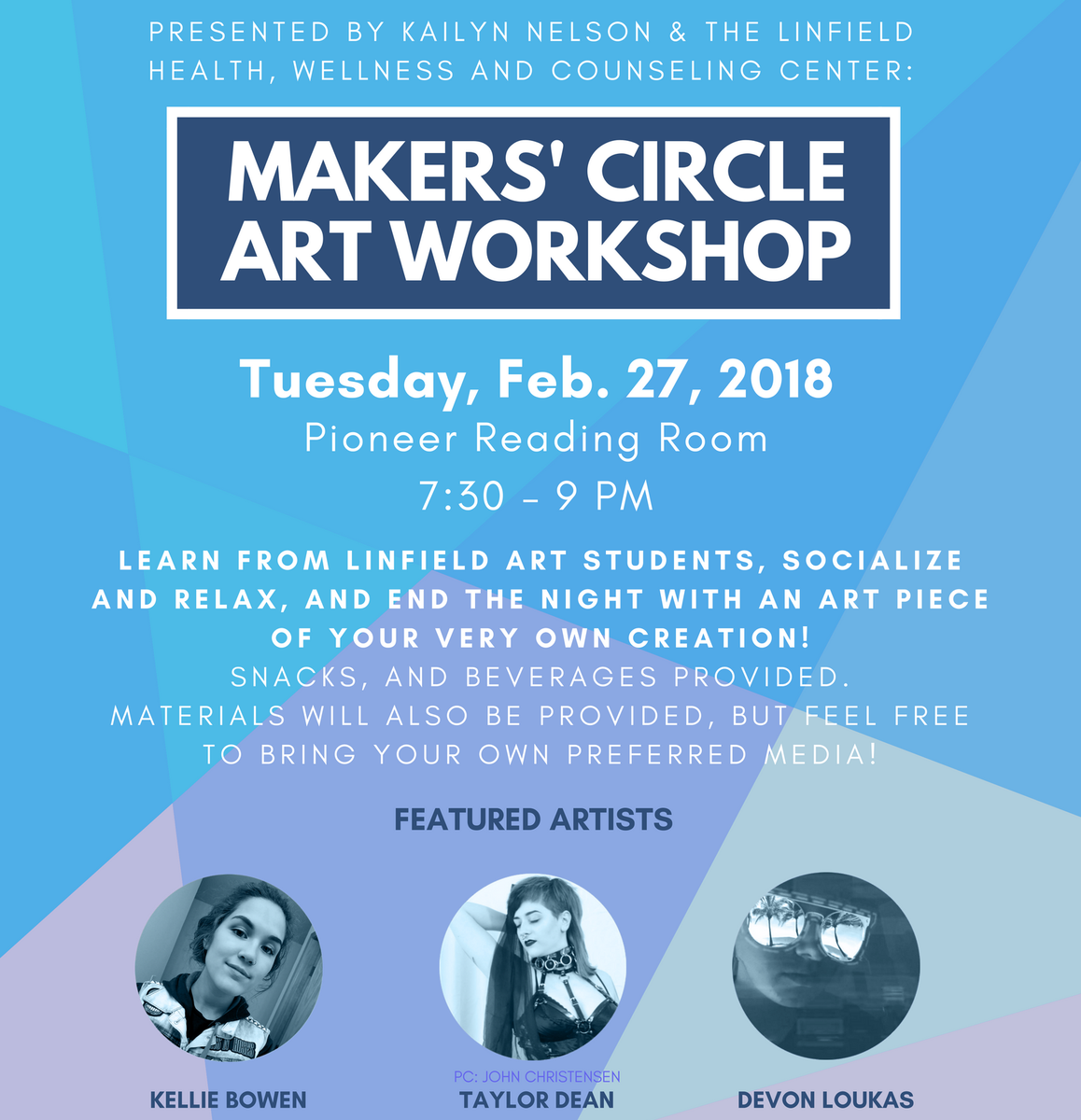 LinfieldHealth's tweet photo. Get ready for another evening of creativity! Three great student artists, Kellie, Taylor, and Devon, will showcase their preferred mediums and allow others to create their own interpretations. Join us this evening at 7:30pm in the Pioneer Reading Room! https://t.co/0FQxu0sUAc