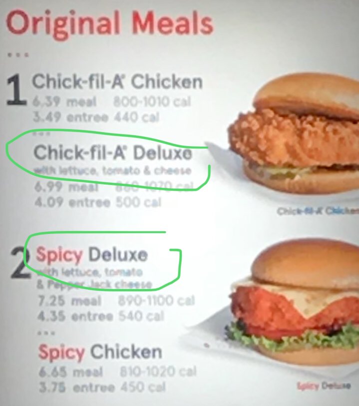 shawn_ck's tweet photo. #BadMenuDesign. Exhibit #1 how @ChickfilA upcharges a Deluxe every time I order a regular spicy sandwich. #consistency https://t.co/ynH7RigWHI