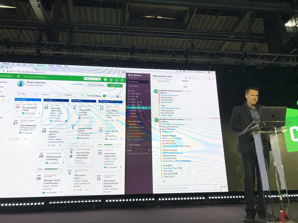 IntuitAccts's tweet photo. .@Rich_Preece sharing the @SlackHQ integration launching in beta and coming soon to #QuickBooksOnline Accountant #QBConnect London https://t.co/zZfacqdV3k