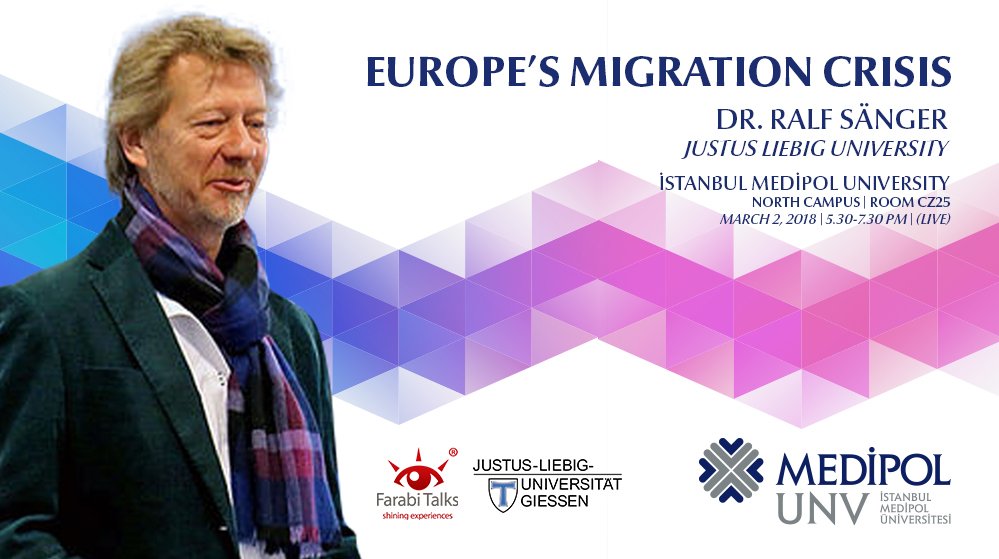 Dr. Ralf Sänger, 2 Mart Cuma <a href="/FarabiTalks/">Farabi Talks</a>'ta Avrupa'daki göç sorununu ele alacak.

Dr. Ralf Sänger will talk about Europe's migration crisis at Farabi Talks on Friday.

farabitalks.com/event/farabi-t…