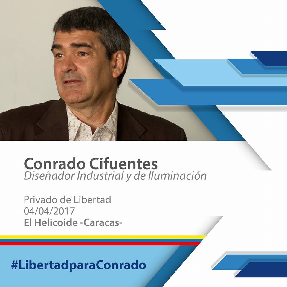 sergioalonso_id's tweet photo. Conrado Cifuentes es un diseñador industrial venezolano. Desde abril 2017 está preso en Caracas - Venezuela bajo las ordenes del dictador #nicolasmaduro ¿Su "delito"? Protestar pacíficamente en contra del régimen. 
#LiberenAConrado #presopolitico #Venezuela https://t.co/4xcl3cj1Jt