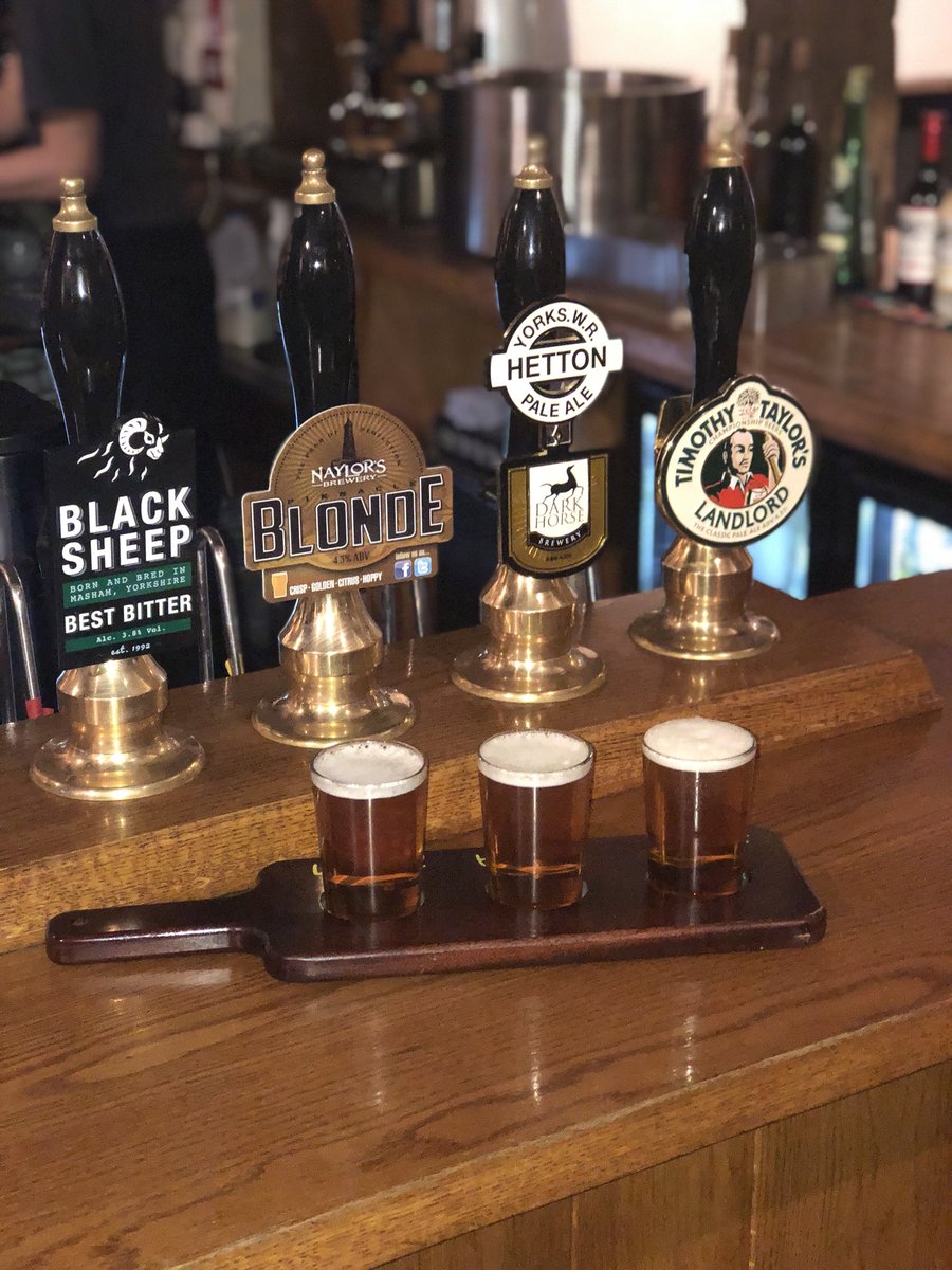 Unsure which of our ales is perfect for you ? Why not try again beer paddle and get a third of three of them 🍺#BeerPaddle #HettonPale #Landlord #BlackSheep #NaylorsBlonde