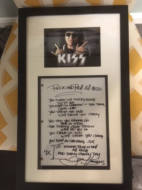FirstAndWorst's tweet image. Some great Silent Auction items for tomorrow nights event. @genesimmons lyrics, @PearlJam signed guitar, celebrity trips for @JasonAldean, @BillyJoel, and others.