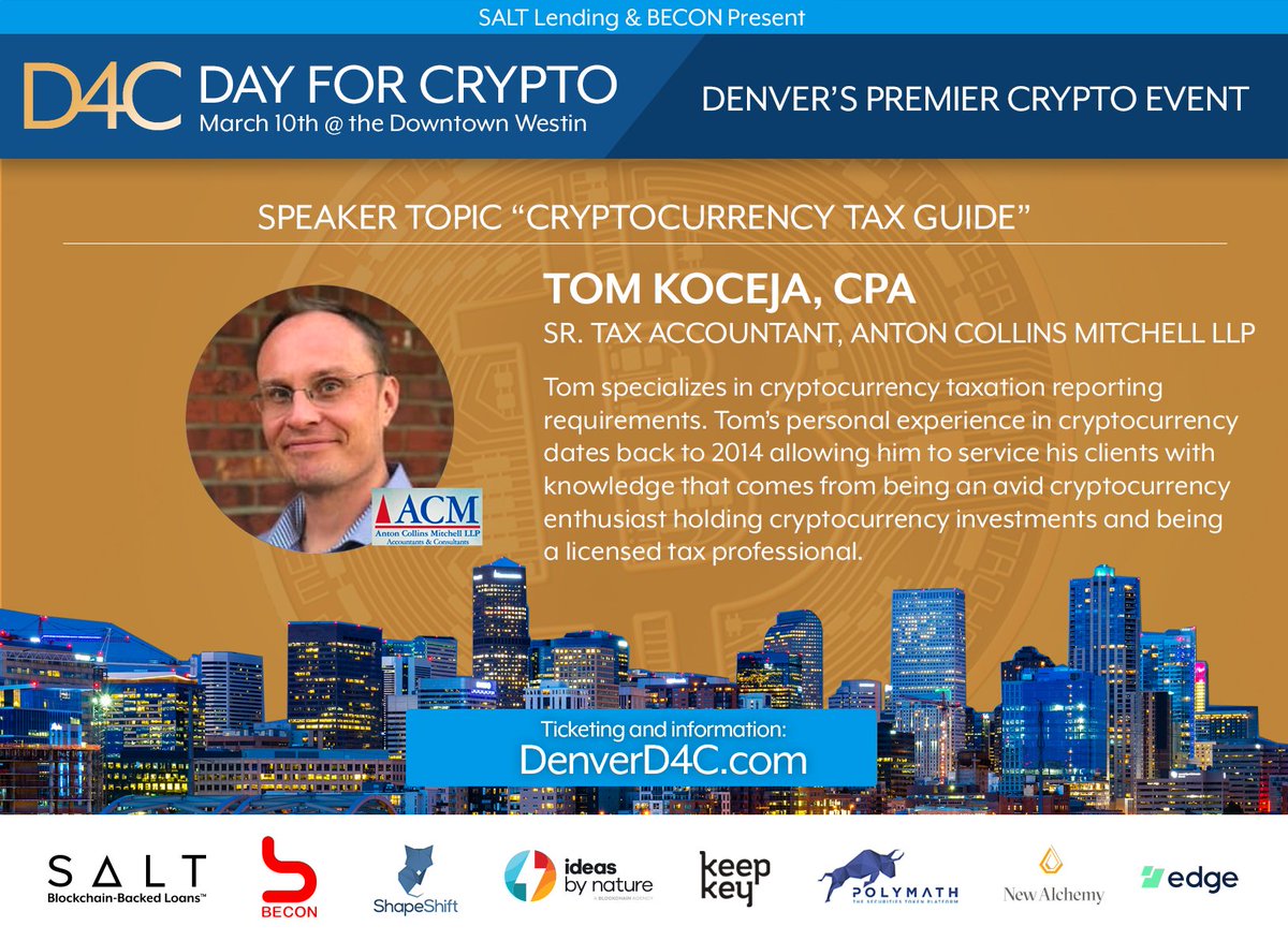 On the fence about attending Denver Day 4 Crypto? Check out this highly  valuable session. Tom Koceja, CPA, speaks on the current and future  landscape of cryptocurrency taxation. Tickets: https://t.co/lsvDzSVp9w