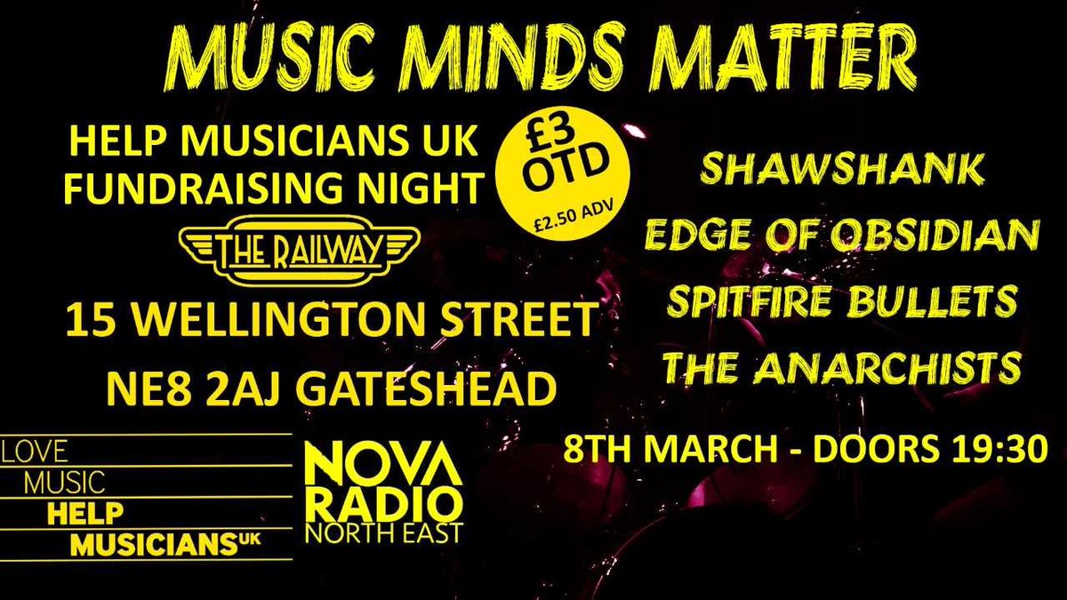 Music Minds Matter -evening of great live music @ the Railway Pub Gateshead, Thurs 8th March 7.30pm, organised by @NclUniMusic  students to raise money for a great cause: @HelpMusiciansUK offer practical, positive support to emerging, professional and retired musicians.