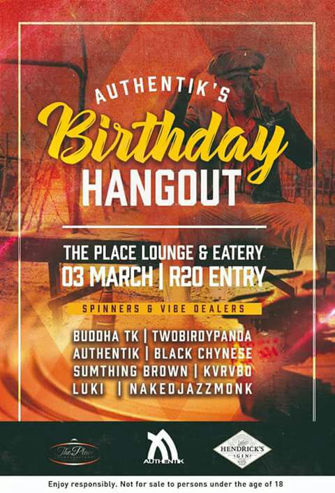 ToolzMakhoba's tweet photo. Sat, 3 Mar '18 @ThePlaceL_E
Authentik's Birthday Hangout with @BuddhaTk | Twobirdypanda | @Authentik_SA | Black Chinese | Sumthing Brown | Luki | NakedJazzMonk Admin: R20 https://t.co/SSVD8Jas8U