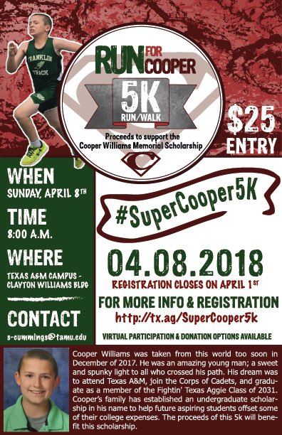 theshortcumings's tweet photo. Come on Aggie Network. Spread the word. Sign-up. You can run/walk, do a No5K 5K or a virtual 5K. #NoExcuses #RunForCooper #BeALight https://t.co/mr0y13SOjT