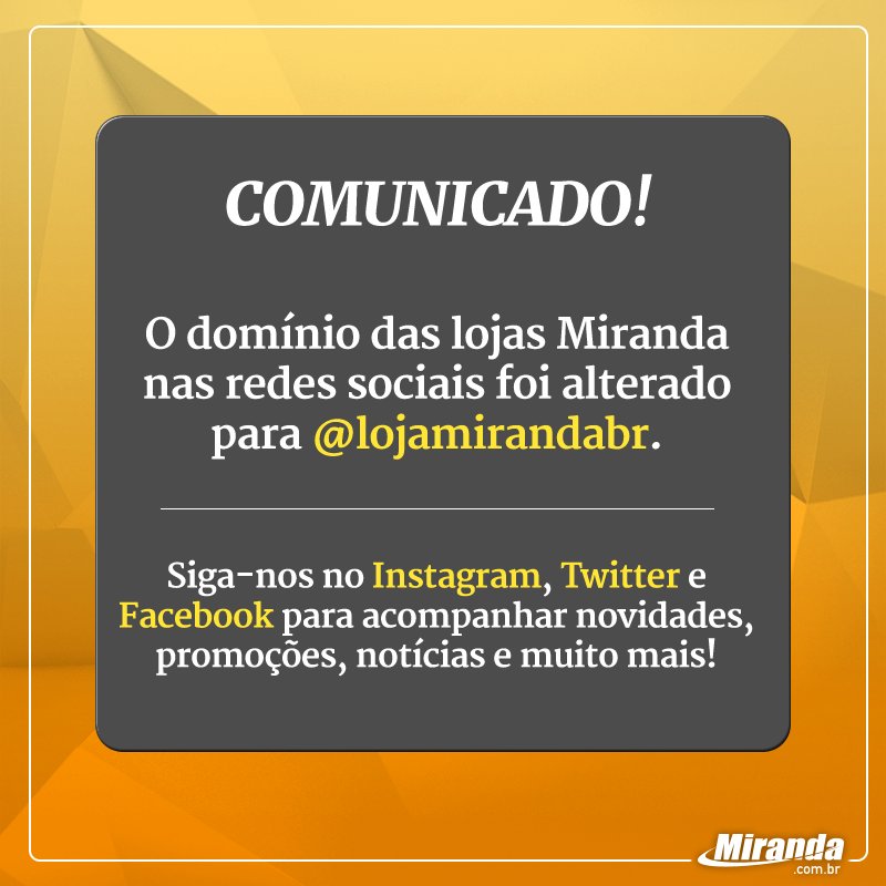 O endereço de nossa página oficial no Twitter foi alterado para x.com/lojamirandabr   ou <a href="/lojamirandabr/">Miranda</a>
