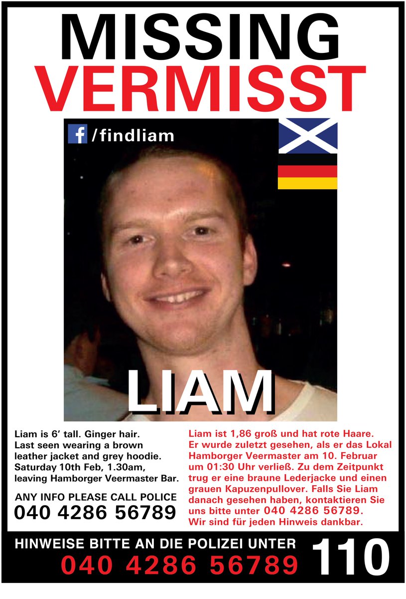 FindLiam1's tweet photo. One of the best ways you can help the search for Liam is to print off one of these posters and distribute it in Hamburg or perhaps further afield. We still have some absolutely wonderful volunteers helping the search out there, it means everything. Posters uploaded as photos. https://t.co/N6JSRxy3CC