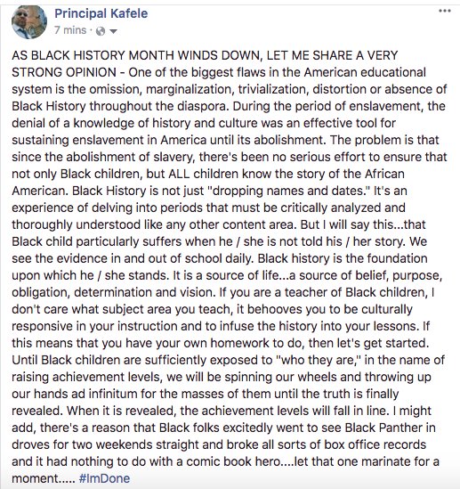 PrincipalKafele's tweet photo. As Black History Month is winding down, I thought I'd share some thoughts with my colleagues on the Twitter side that I shared on the Facebook side. Your thoughts, views and opinions are welcome. https://t.co/Lo8wCsiCg8