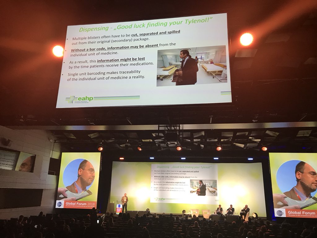 KervinFranke's tweet photo. Multiple blisters often have to be separated and splitted from their original package. That is why single unit barcoding is necessary for traceability of individual units of medicines, explains Andras Sule from #eahp, #GS1globalforum18 https://t.co/R896bXvmkZ