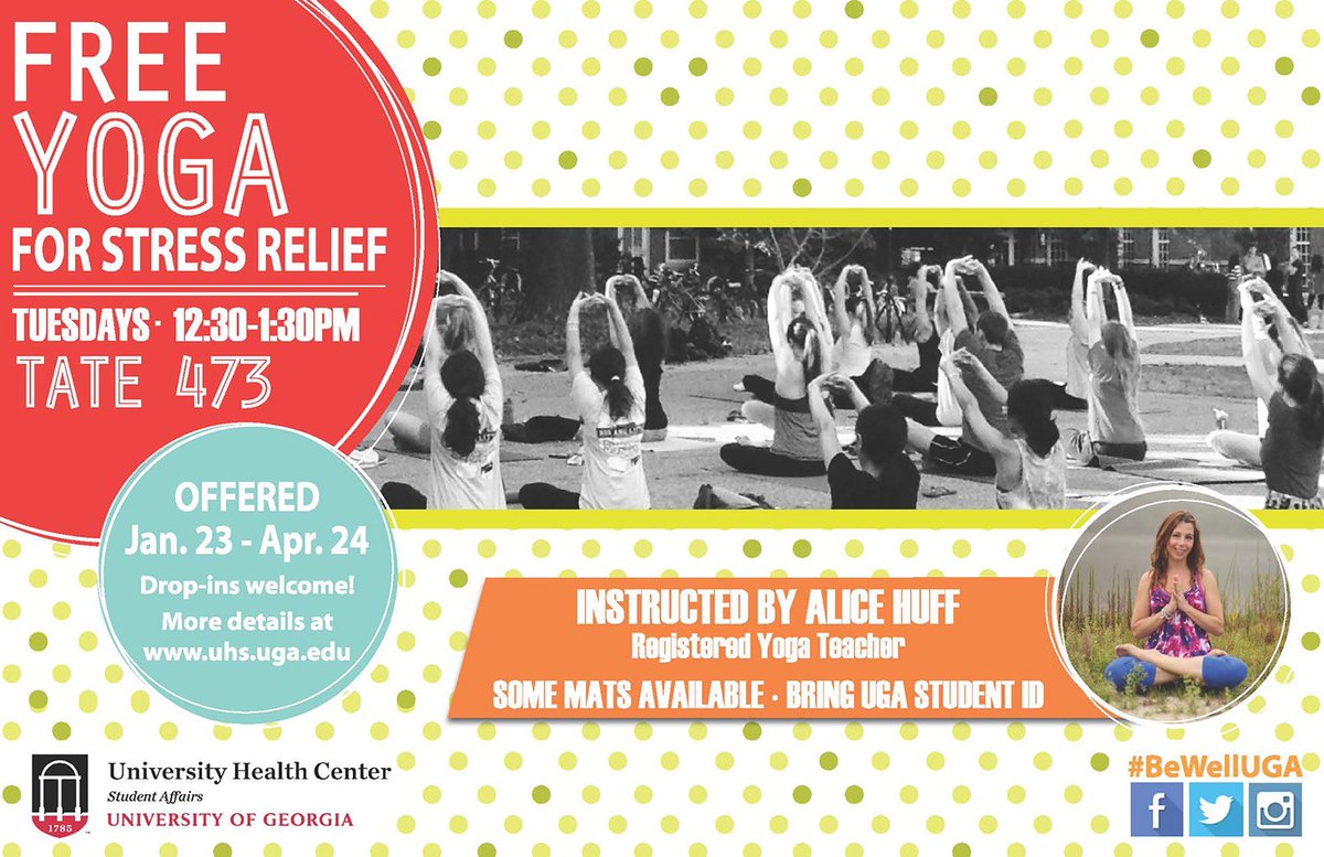 UGAHealthCenter's tweet photo. FREE YOGA.
I repeat: FREE YOGA.
Once more: FREE YOGA AT #UGA!

Join Alice in Tate 473 from 12:30-1:30 today &amp; get your "ohm" on.
More on the benefits of #yoga: https://t.co/6d9ANpgOcb 
#HealthyDawg #BeWellUGA https://t.co/cnayXOcoro