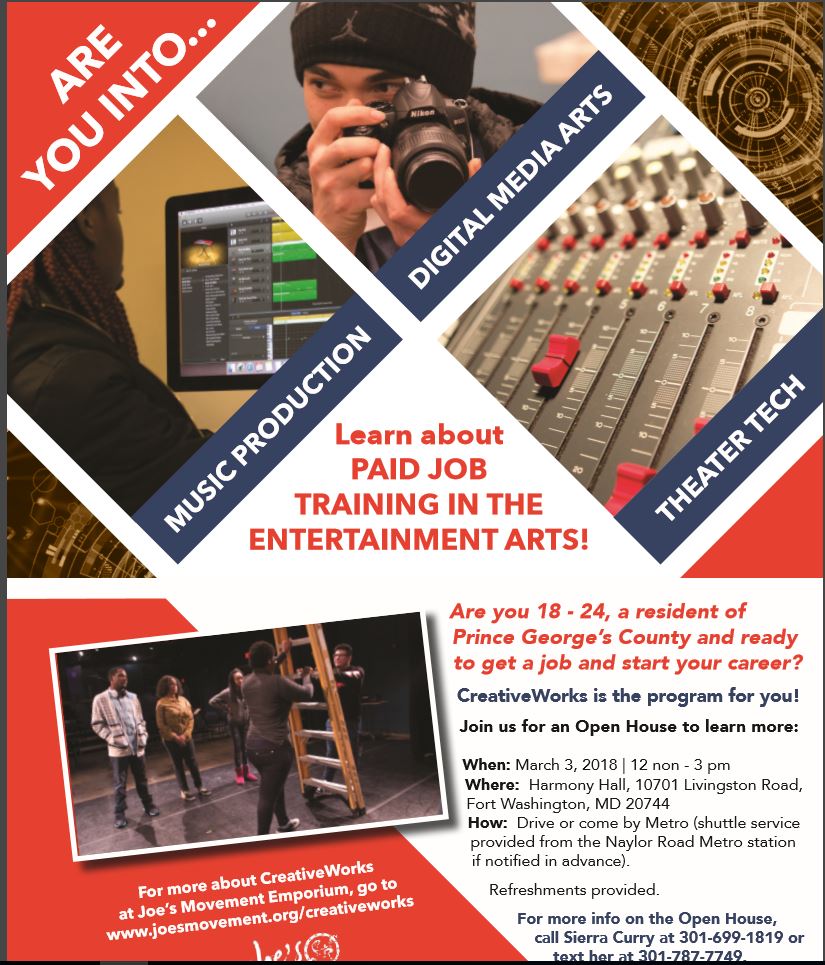 FDHSPTSO's tweet photo. @FDHS_2017 @FDHS_2016 @FDHS_2015 CreativeWorks workforce-development prgm is coming to Harmony Hall this spring!  Participants (ages 17-24) earn income as they learn . Open House at Harmony Hall on March 3 from 12-3 pm. Call Sierra, Linda or Cathy at 301-699-1819 for more info. https://t.co/RkPG0V1ZY3