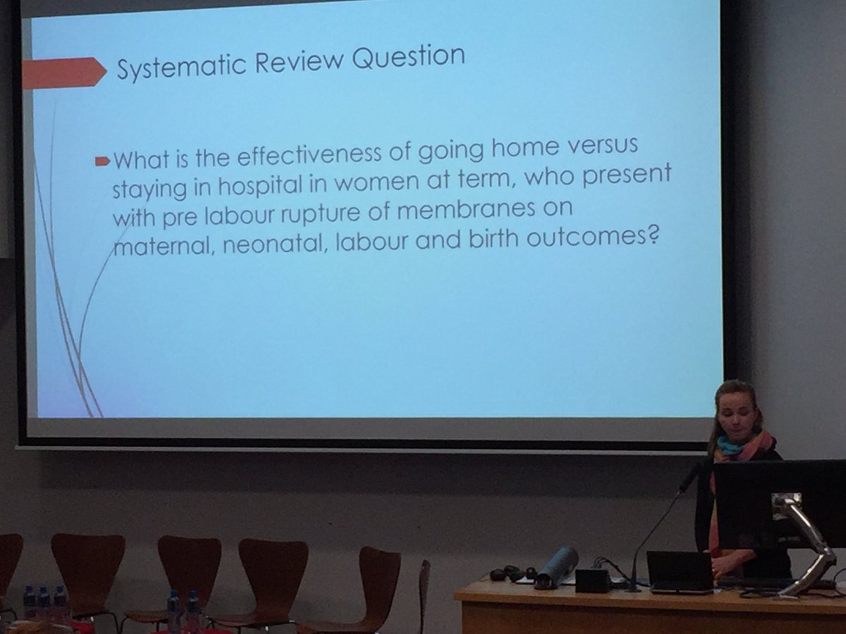 #TCDnursingmidwifery21 Sarah Ladola looked at the key issues of home versus hospital stay for women whose membranes rupture before labour has started. No difference in induction of labour rates for home versus hospital.