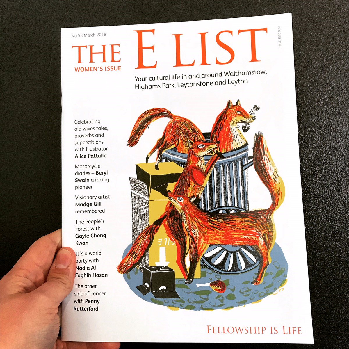 The 58th issue of the E List is hitting the shelves now. Featuring cover star Alice Pattullo; Motorcycle Racing Pioneer Beryl Swain; The People's Forest with Gayle Chong; Local hero Penny Rutterford; Artist Madge Gill; Musician and singer Nadia Al Faghih Hasan and much much more.