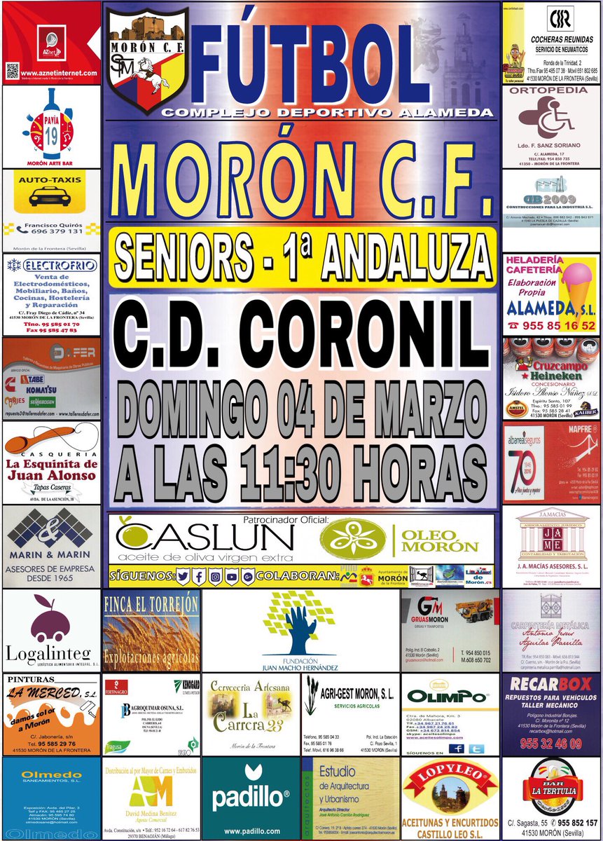 MoronCF's tweet photo. ☑ 1ª ANDALUZA (Senior)
📌 25ª Jornada
⚽ #MorónCF-#CDCoronil
📅 Domingo 04/03
⌚ 11:30
📍 Municipal Alameda (Morón)
🇹🇭 #SeguimosCreciendo https://t.co/k01e8m2pLP