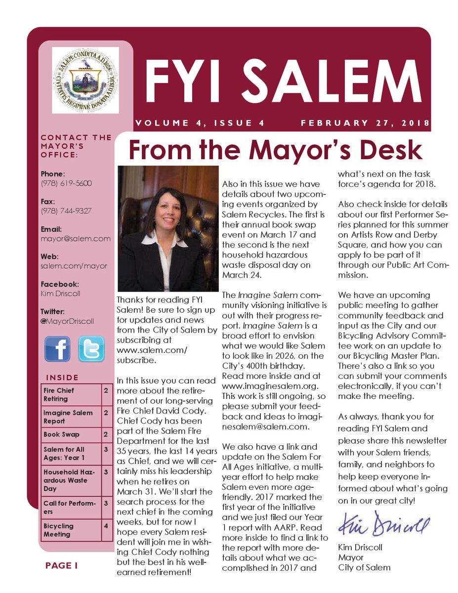dspangallo's tweet photo. Latest FYI #SalemMA newsletter: @SalemMAFire Chief retiring, @ImagineSalem progress report, @SalemRecycles book swap &amp; hazardous waste events, Salem for All Ages Year 1 report, @salempublicart call for performers, Bicycling Master Plan update public mtg.  https://t.co/spH0XeivhO https://t.co/HllkgAlVj1