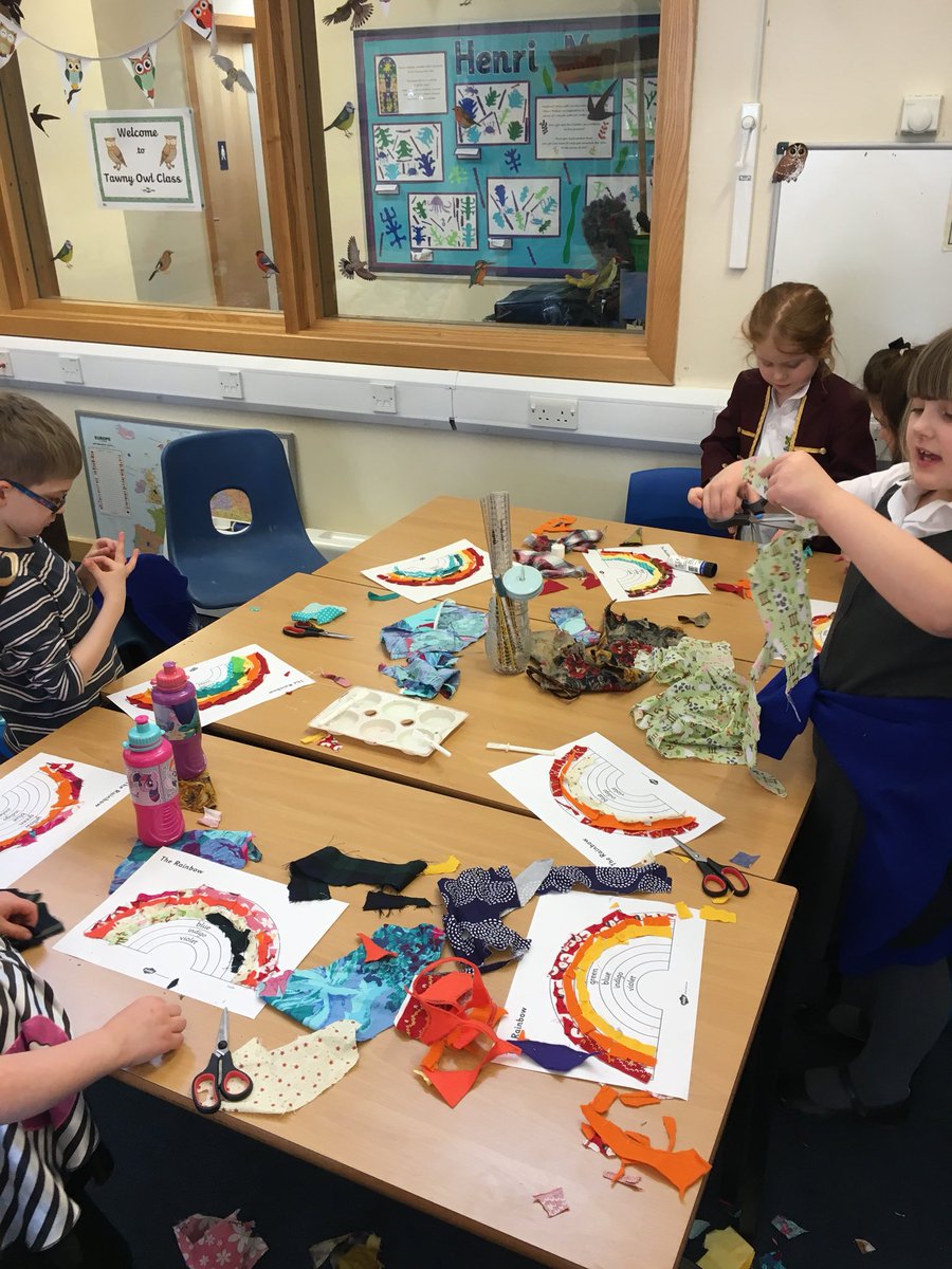 sewnorbridge's tweet photo. Our new crafty venture experts group is ignoring the snowy weather outside and creating careful fabric collages of rainbows this afternoon 🌈 They are trying their best to keep the colours within the lines and even practising their French colour vocabulary @madame_walsh 🇫🇷 🎨 https://t.co/Z202i0jRkS