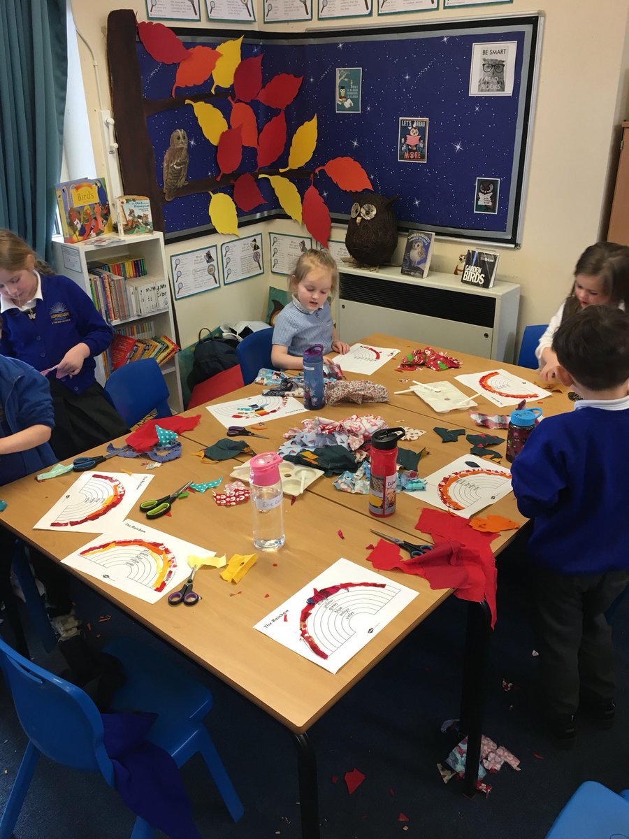 sewnorbridge's tweet photo. Our new crafty venture experts group is ignoring the snowy weather outside and creating careful fabric collages of rainbows this afternoon 🌈 They are trying their best to keep the colours within the lines and even practising their French colour vocabulary @madame_walsh 🇫🇷 🎨 https://t.co/Z202i0jRkS