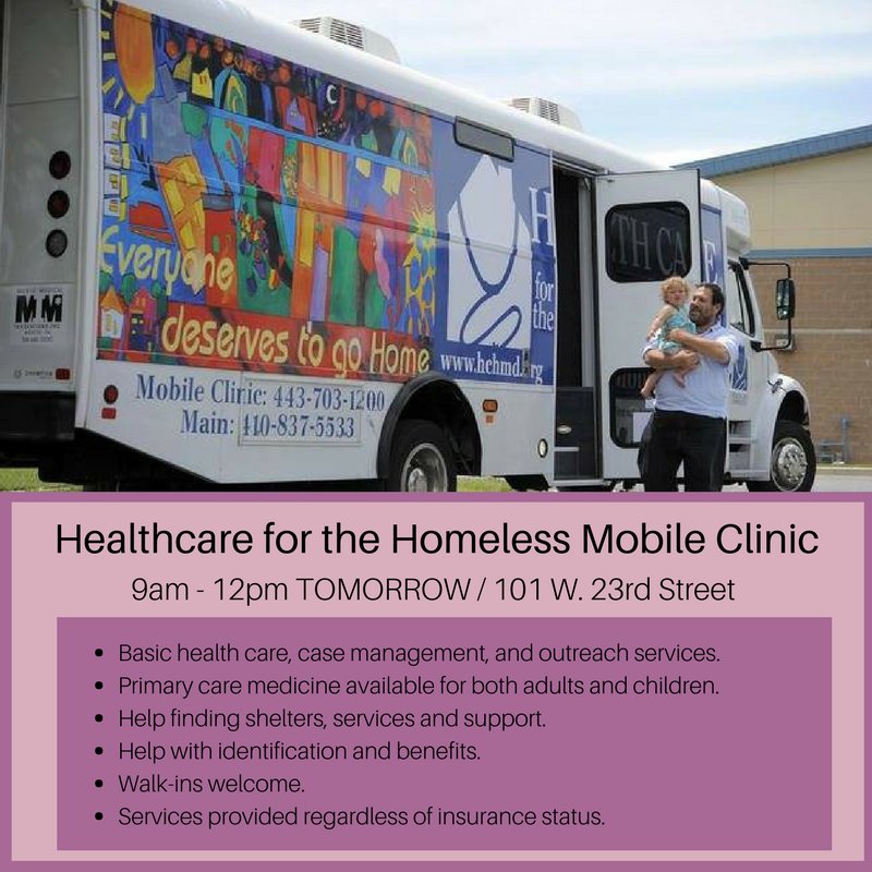 fcbmore's tweet image. The @HCHMobile #Clinic has primary care #medicine available for both adults and children, and they accept walk-ins! Swing by tomorrow, FEBRUARY 28, when they will be parked outside our door at 101 W. 23rd Street #Baltimore.