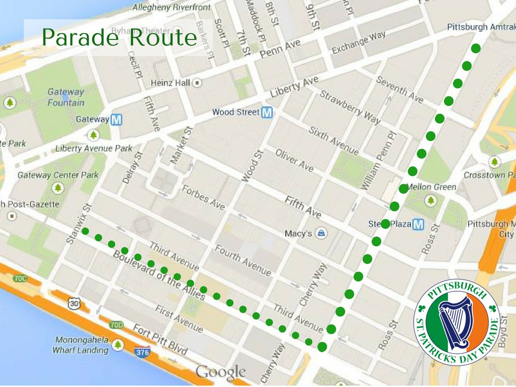 PghStPatsParade's tweet photo. The Route - Saturday, March 17th, starts at 10 a.m. #Pittsburgh #StPatricksDayParade https://t.co/RetFj08EHC