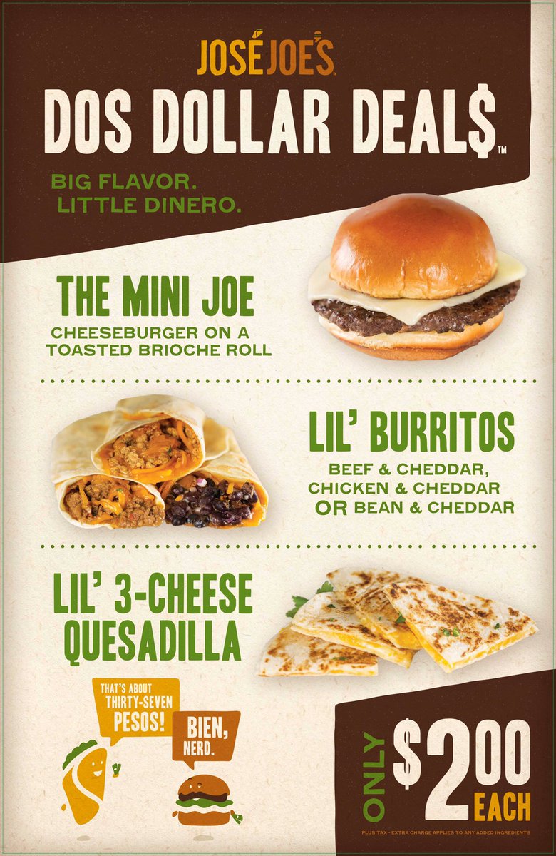 go2joes's tweet photo. If you like our #TacoTuesday specials, youโre going to love our Dos Dollar Deals! Starting 3/1, grab mini versions of your Jose Joeโs favorites for just $2 apiece every day of the week. #loadthemup #feast #twodollarmenu ๐ ๐ฏ https://t.co/EfBUeuEl9b