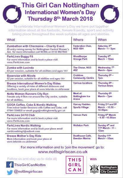nottmgirlscan's tweet photo. Thursday 8th March is #InternationalWomensDay, to mark the occasion we have a variety of female friendly sessions taking place across the City, throughout the week. Whether you do regular activity or want to try something new, there's something for all abilities! https://t.co/dQzXt3O6o7
