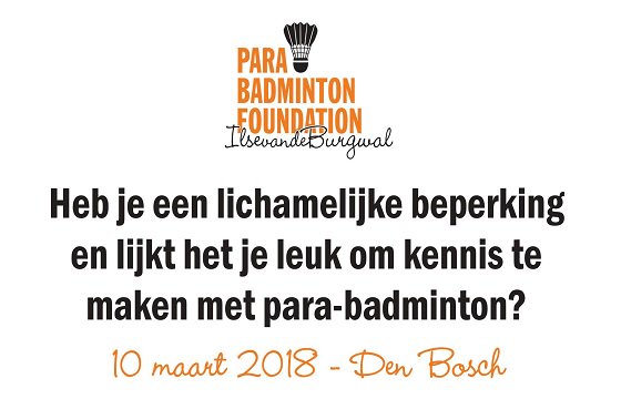 Kom jij kennismaken met para-badminton op zaterdag 10 maart 2018 in <a href="/MaaspoortDB/">Maaspoort Den Bosch</a> <a href="/parabadminton/">Parabadminton</a> Kijk voor alle info op: bit.ly/2HP2P28