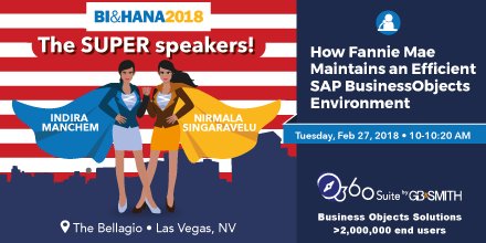 360Suite's tweet photo. Attend our session Today, 10-10:20 AM ET at #BIHANA2018, Impact 20 Theater, to discover how @FannieMae maintains an efficient #SAP #BusinessObjects environment with #360suite. #userslovebobj @insiderHANA https://t.co/jFEpuW84nC