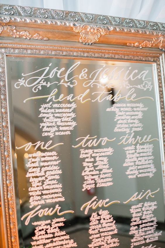 KnutsfordBride's tweet image. Beautiful seating chart elegantly written on a mirror. Such a lovely idea! #Wedding #WeddingSeating #SeatingChart @twoBirdsmaids