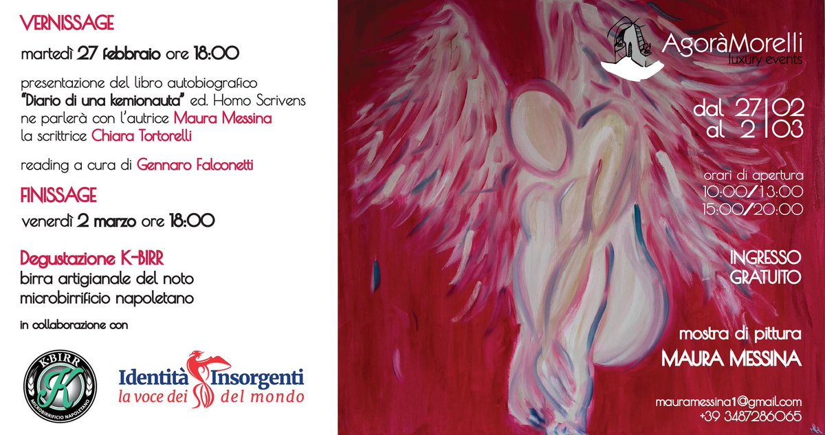 agoramorelli's tweet photo. Agorà Morelli in collaborazione con @IdeInsorgenti e Birra KBirr, è lieta di ospitare la prima mostra personale di Maura Messina.
Il vernissage si aprirà con la presentazione del libro autobiografico "Diario di una kemionauta". https://t.co/pqRQCucD7b