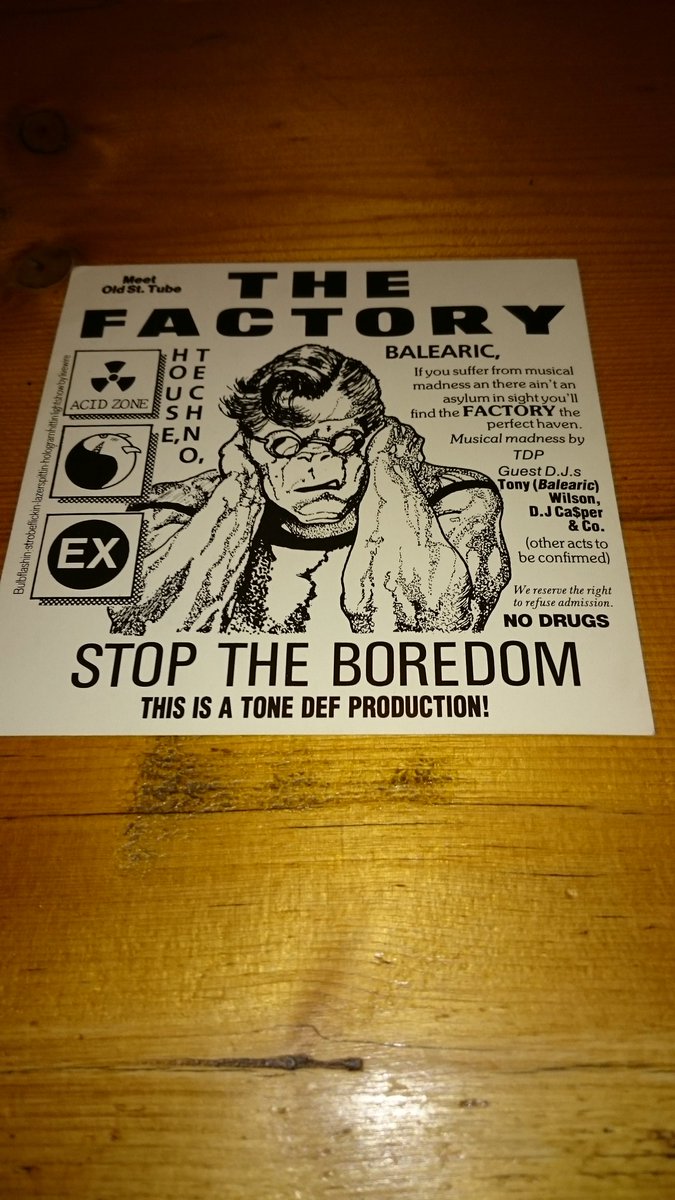 Greenhalgh's tweet photo. Suffer from musical madness. The factory, stop the boredom rave flyer 1988 balearic #raveflyer #raveart #1980s https://t.co/yZoSd9LAw3