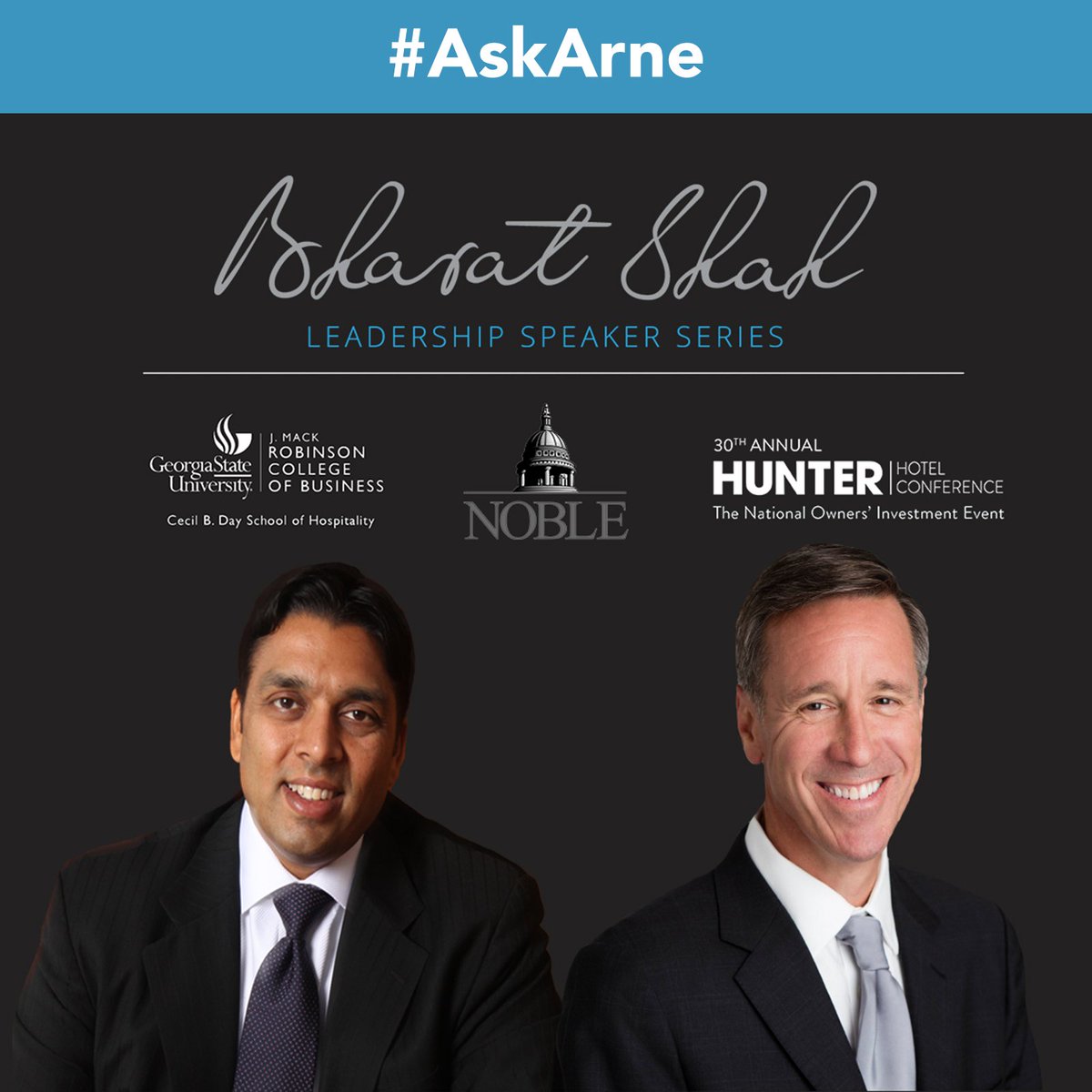 NobleInvestment's tweet photo. If you could ask Arne Sorenson, Marriott CEO, anything what would it be? Here’s your chance! Arne will join the conversation during the Bharat Shah Leadership Speaker Series at the Hunter Hotel Conference. We will take the best questions, so join the discussion and #AskArne! https://t.co/f3XzPA2Nuu