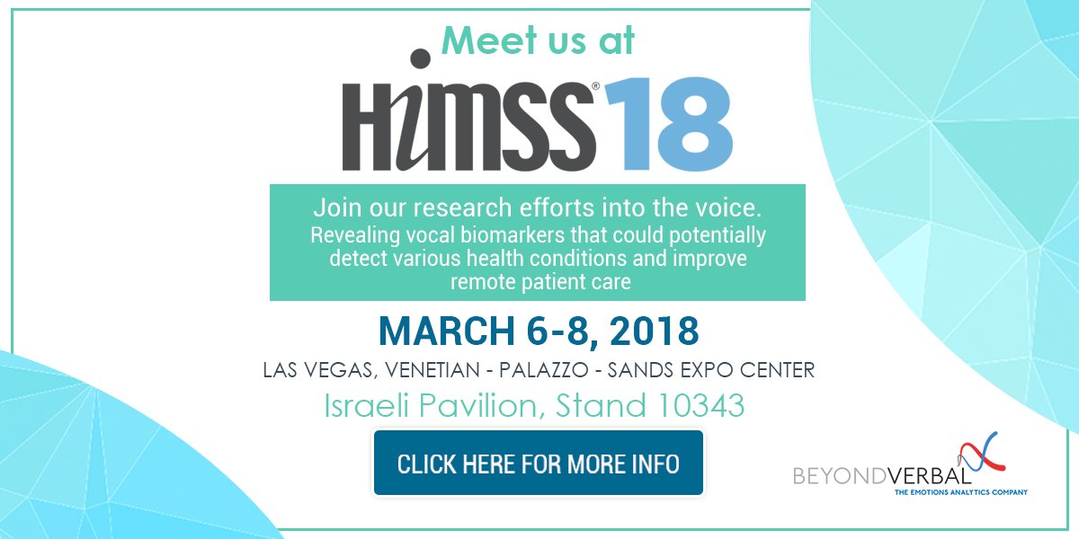 VocalisHealth's tweet photo. Thrilled 2 be back at #HIMSS18 #LasVegas (#CES2018 was 🚀) Meet us > Exhibiting w 🇮🇱Israeli Pavilion booth # 10343, Level 1, Hall G
@BeyondVerbal >#vocal #biomarkers > #VOICE 2 #detect #diseases > #prevention > improve #remote #PatientCare #Telemedicine #digitalheallth https://t.co/KS7bakfd4u