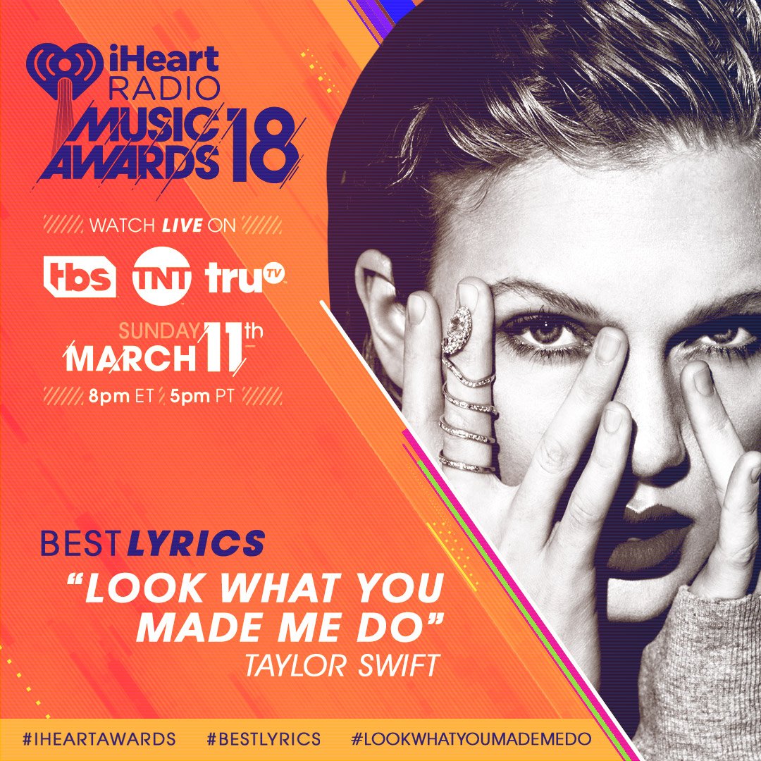 iHeartRadio's tweet image. RT to vote for @taylorswift13&apos;s #LookWhatYouMadeMeDo for #BestLyrics! #iHeartAwards