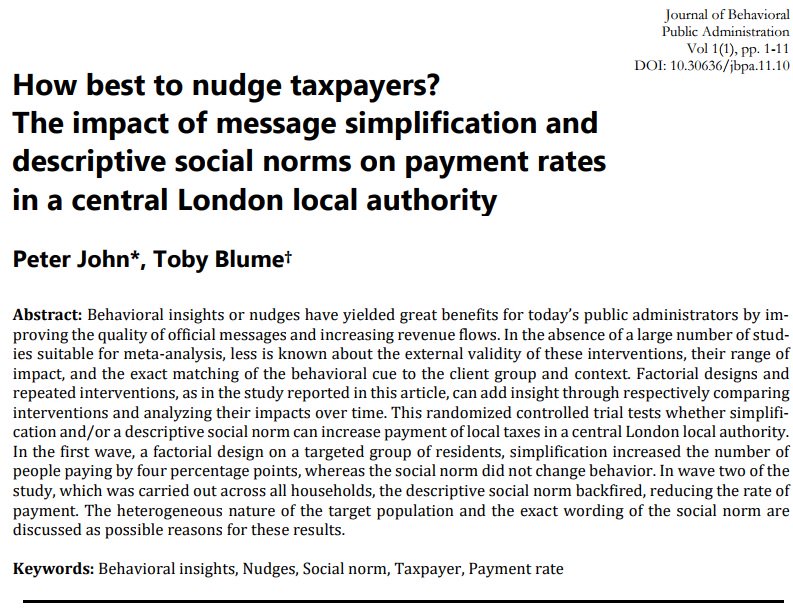 Daily run down of the first issue of @Journal_BPA: 

Lead paper by @peterjohn10 & @tobyblume: 'How best to nudge taxpayers?'

One result: A descriptive social norm message backfired when rolled out to all residents!

Full paper here: journal-bpa.org/index.php/jbpa… #behavioralPA