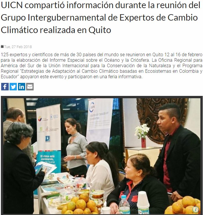 UICN_SUR's tweet photo. UICN compartió información sobre Adaptación al Cambio Climático basada en Ecosistemas y sobre el #ProgramaRegionalAbE, durante la reunión del Grupo Intergubernamental de Expertos de Cambio Climático realizada en Quito. Lee la nota → https://t.co/JoOSDSB5wC https://t.co/QvTM0hCJDF