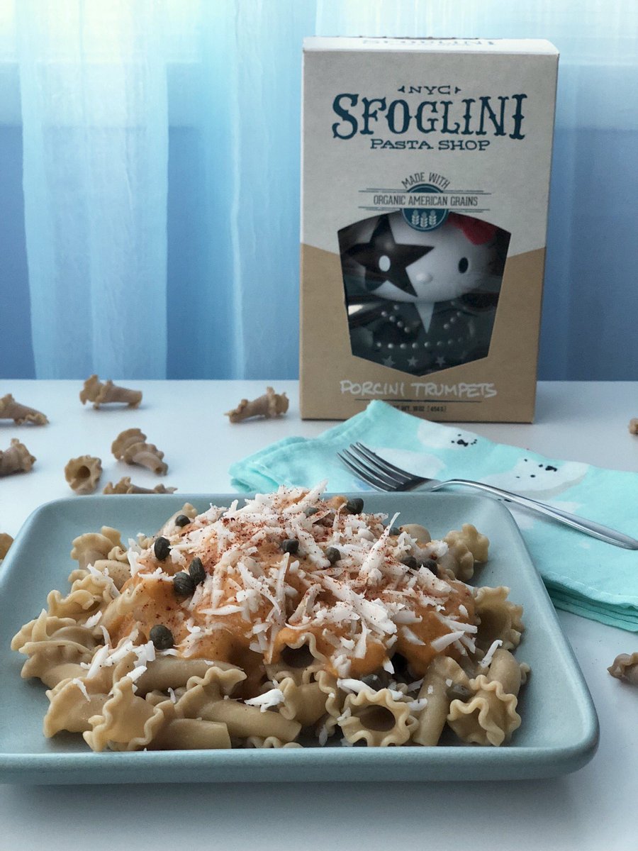 vegandollhouse's tweet photo. The @sfoglini porcini mushroom trumpet pasta may have ruined me for all other pasta forevermore. #sogood #vegan #cuteshapes https://t.co/YTSN6GExap