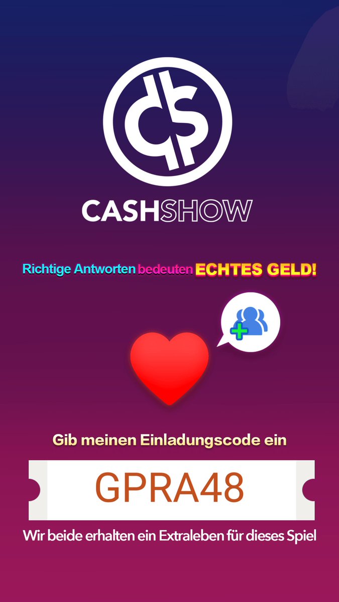 Ihr müsst einfach 12 Fragen beantworten, falls ihr das schafft wird der Gewinn von 1000 Euro unter den Gewinnern aufgeteilt

Gib meinen Einladungscode ein und wir erhalten beide ein „Extraleben" im Spiel! share.tuanguwen.com/live_de/invita…