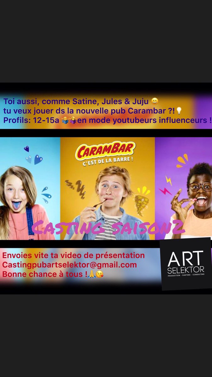 artselektor's tweet photo. Toi aussi tu veux jouer ds la nouvelle pub @Carambar_France ?! https://t.co/wUasNU5EMK